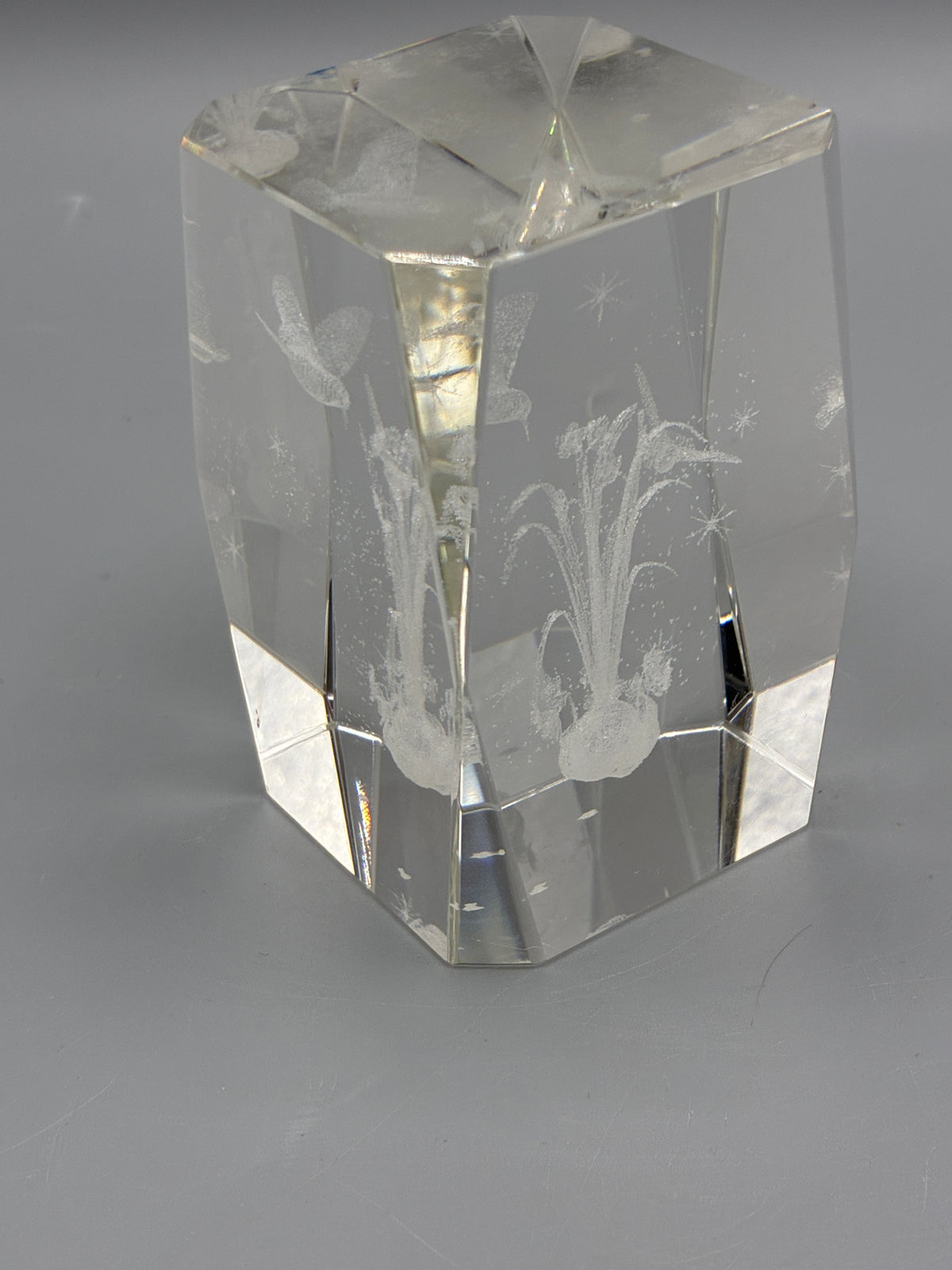 Vue de dessus du bloc de cristal facetté avec décor gravé de fleurs et d’oiseaux dans la masse