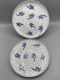 2 assiettes plates porcelaine blanche décor bleu végétal et semis de points, vue de face