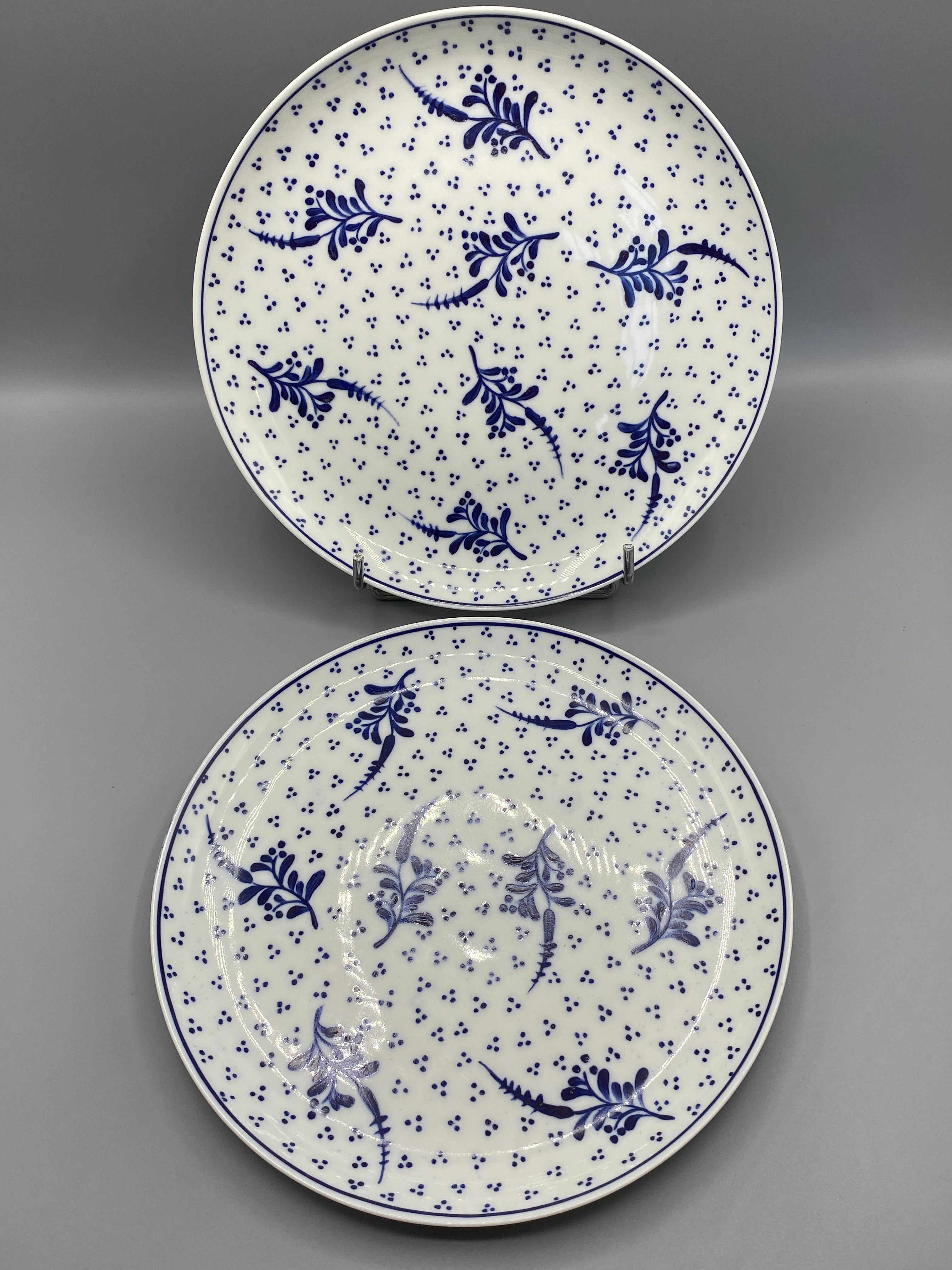 2 assiettes plates porcelaine blanche décor bleu végétal et semis de points, vue de face