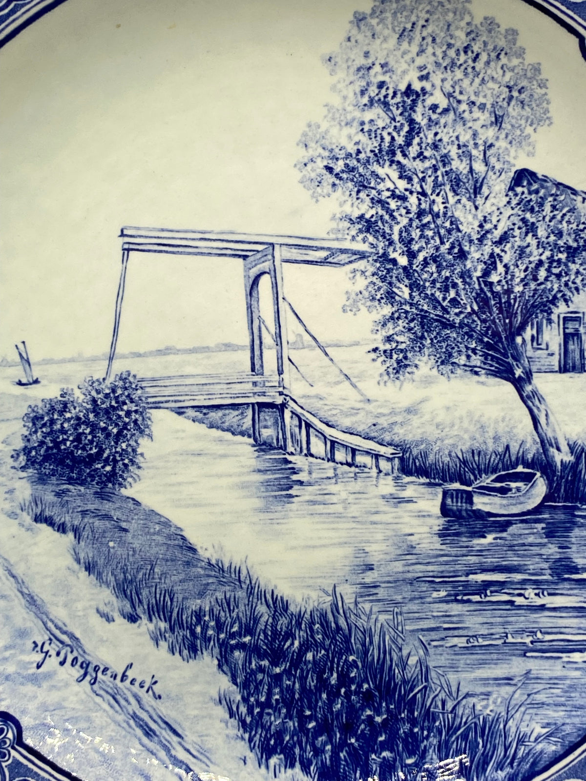 Détail signature v.G. Boggenbeek et promeneur sur chemin de halage