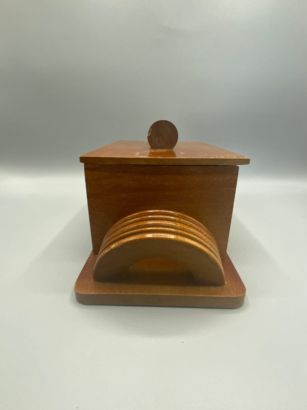 Boîte à biscuits Art Déco couvercle ouvert intérieur bois clair rainures verre