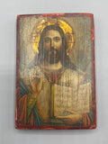 Icône Christ Pantocrator sur bois, vue de face, nimbe doré et inscription grecque
