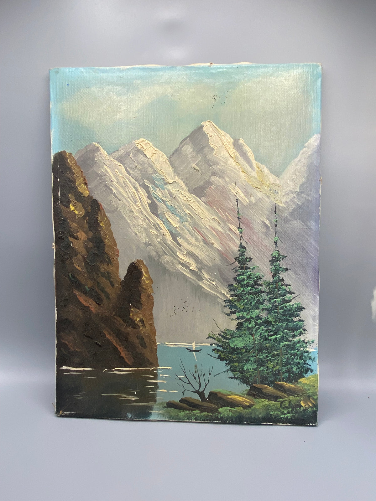 Paysage de montagne et lac, huile sur toile, vue d'ensemble