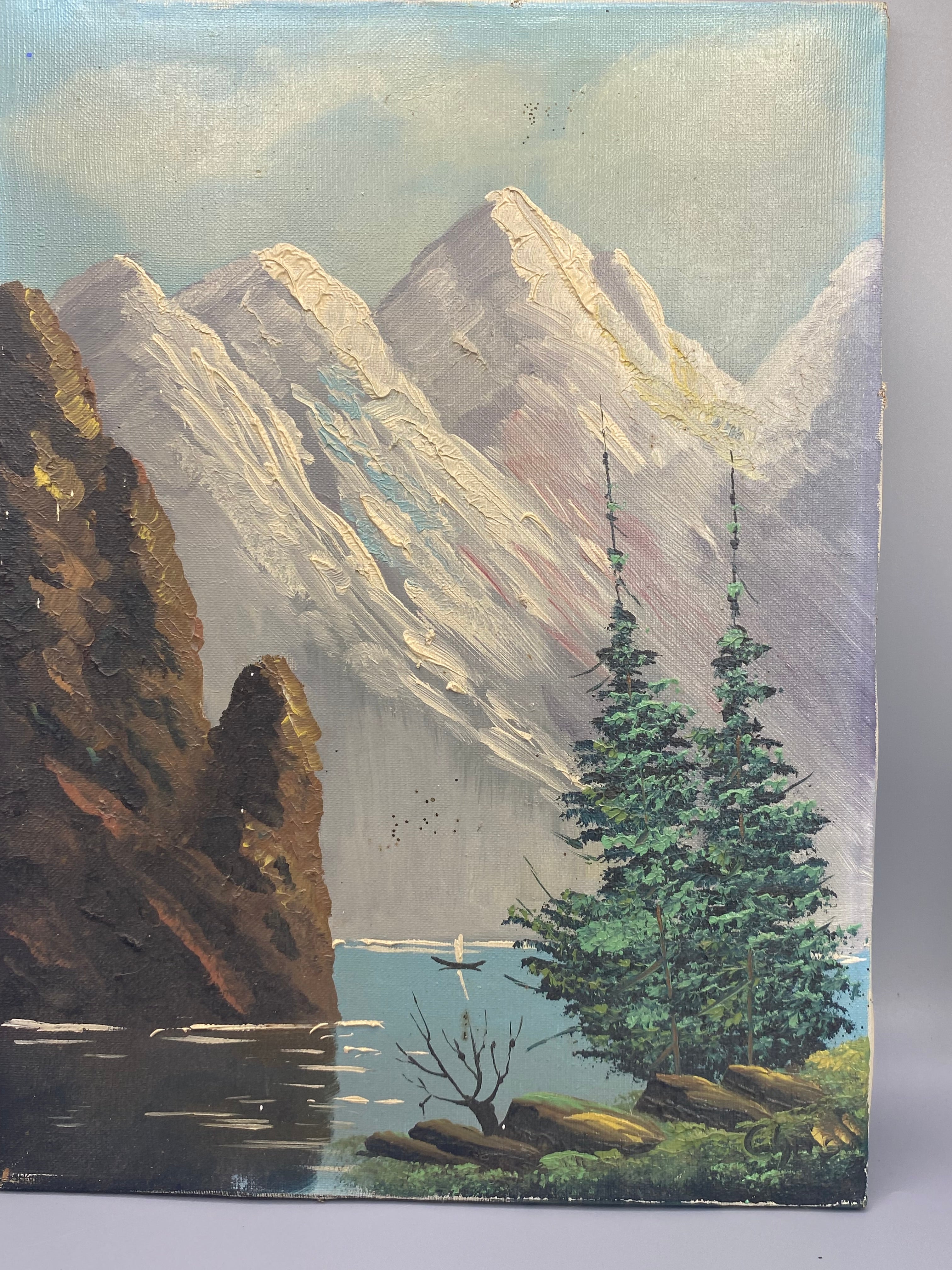 Vue de trois quarts, texture en empâtement sur les sommets enneigés