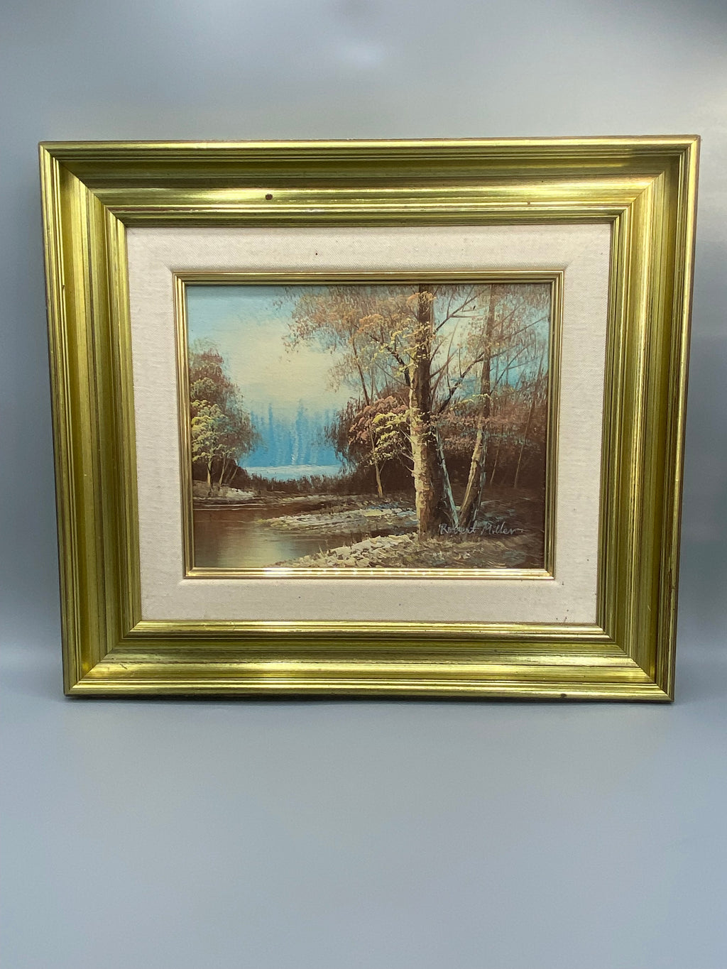 Huile sur toile Robert Miller, vue d'ensemble, paysage de rivière en sous-bois