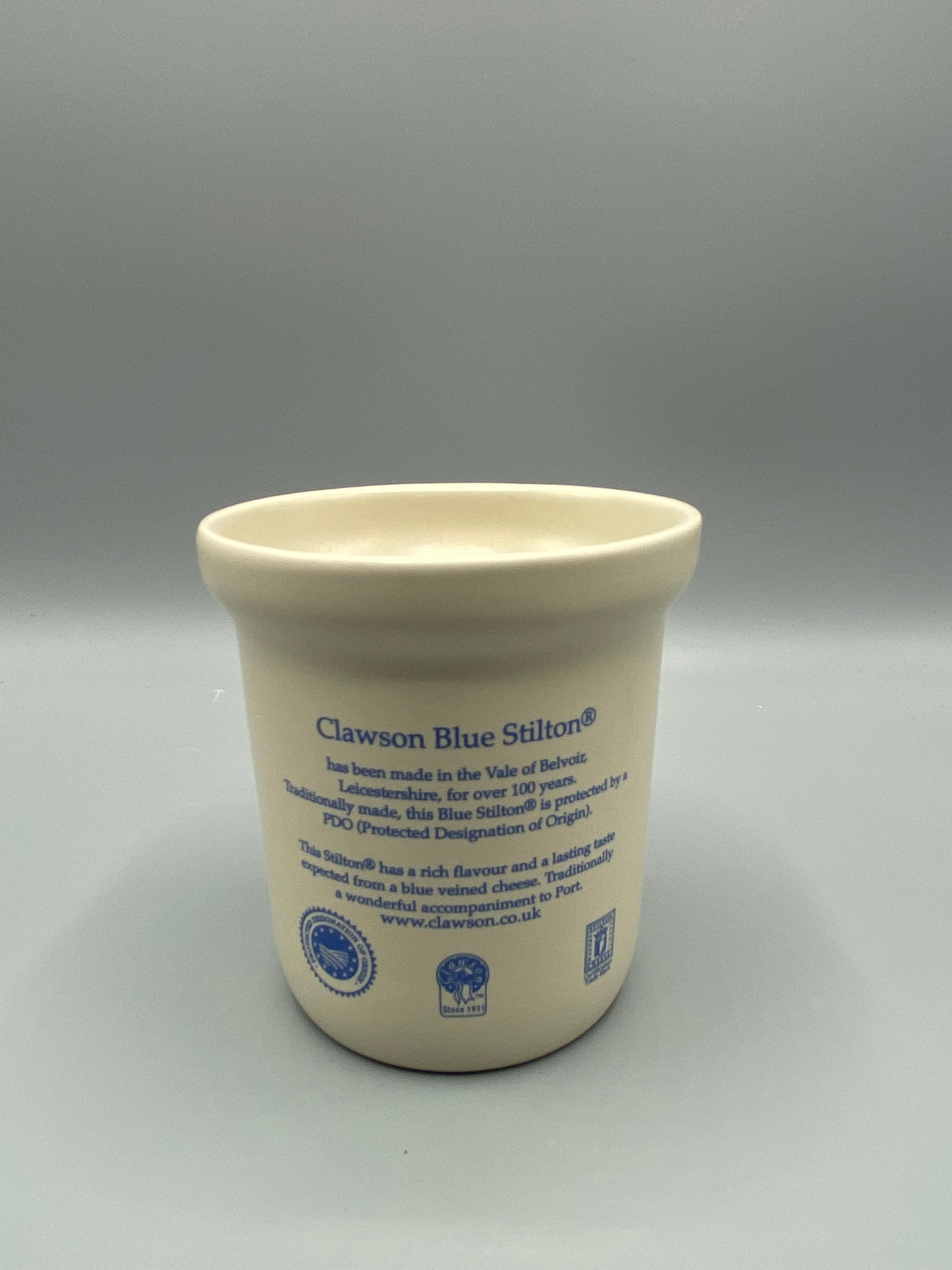 Pot à Stilton Long Clawson, revers avec texte Clawson Blue Stilton et logos