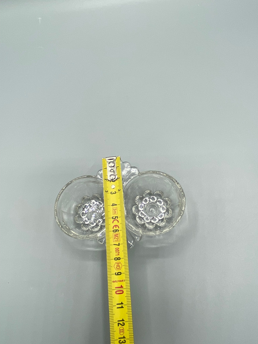 Double saleron verre pressé avec mètre, hauteur environ 4 cm