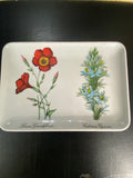Vide-poche mélaminé blanc décor botanique Linum rouge et Calotasia bleu, vue de face