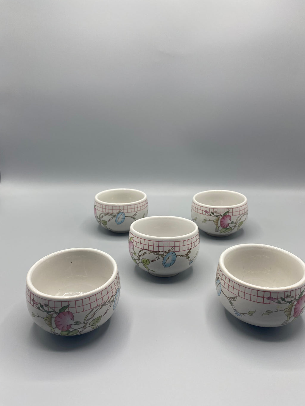 5 bols porcelaine japonaise décor volubilis rose et bleu, vue d'ensemble de face