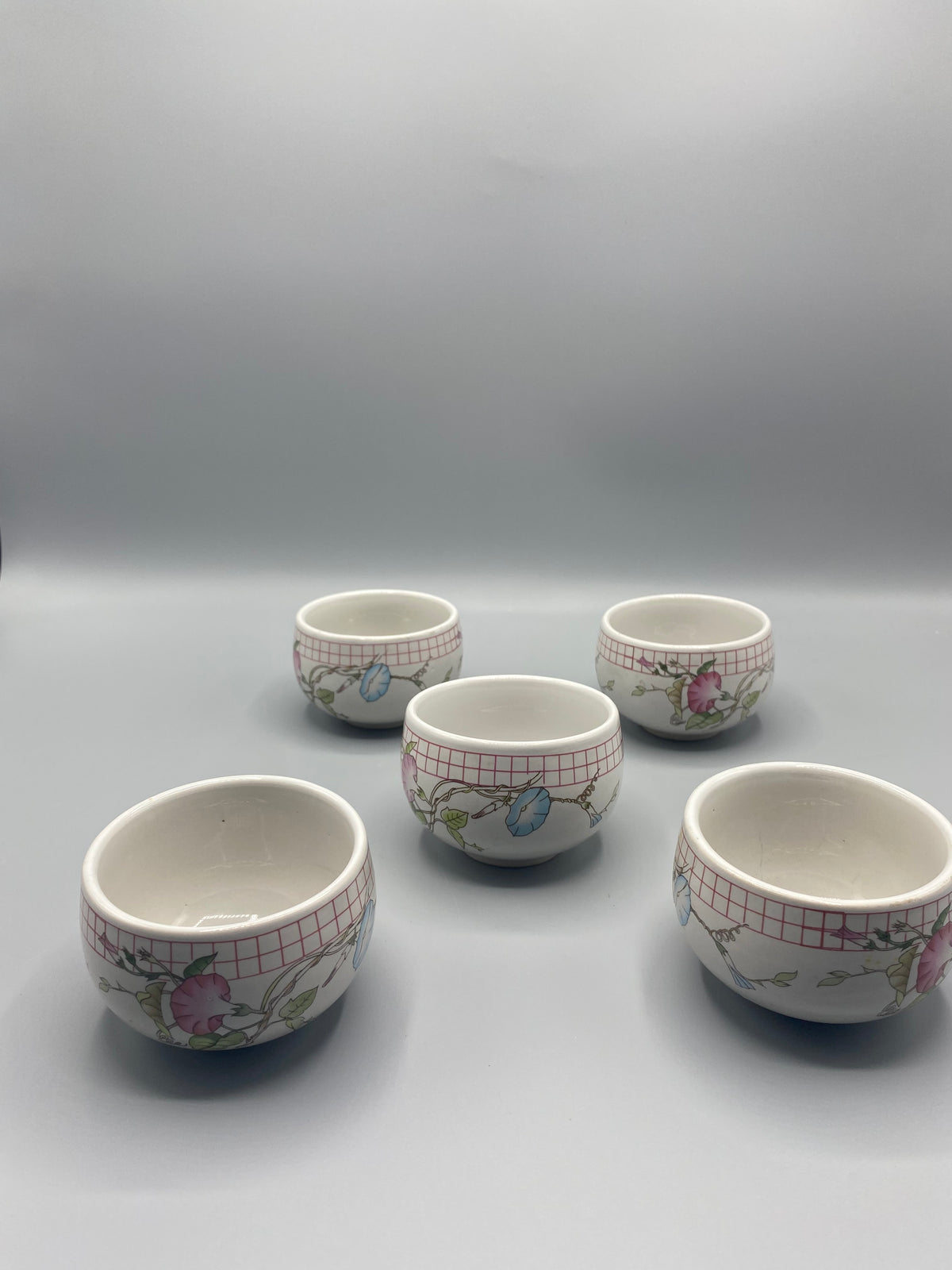 5 bols porcelaine japonaise décor volubilis rose et bleu, vue d'ensemble de face