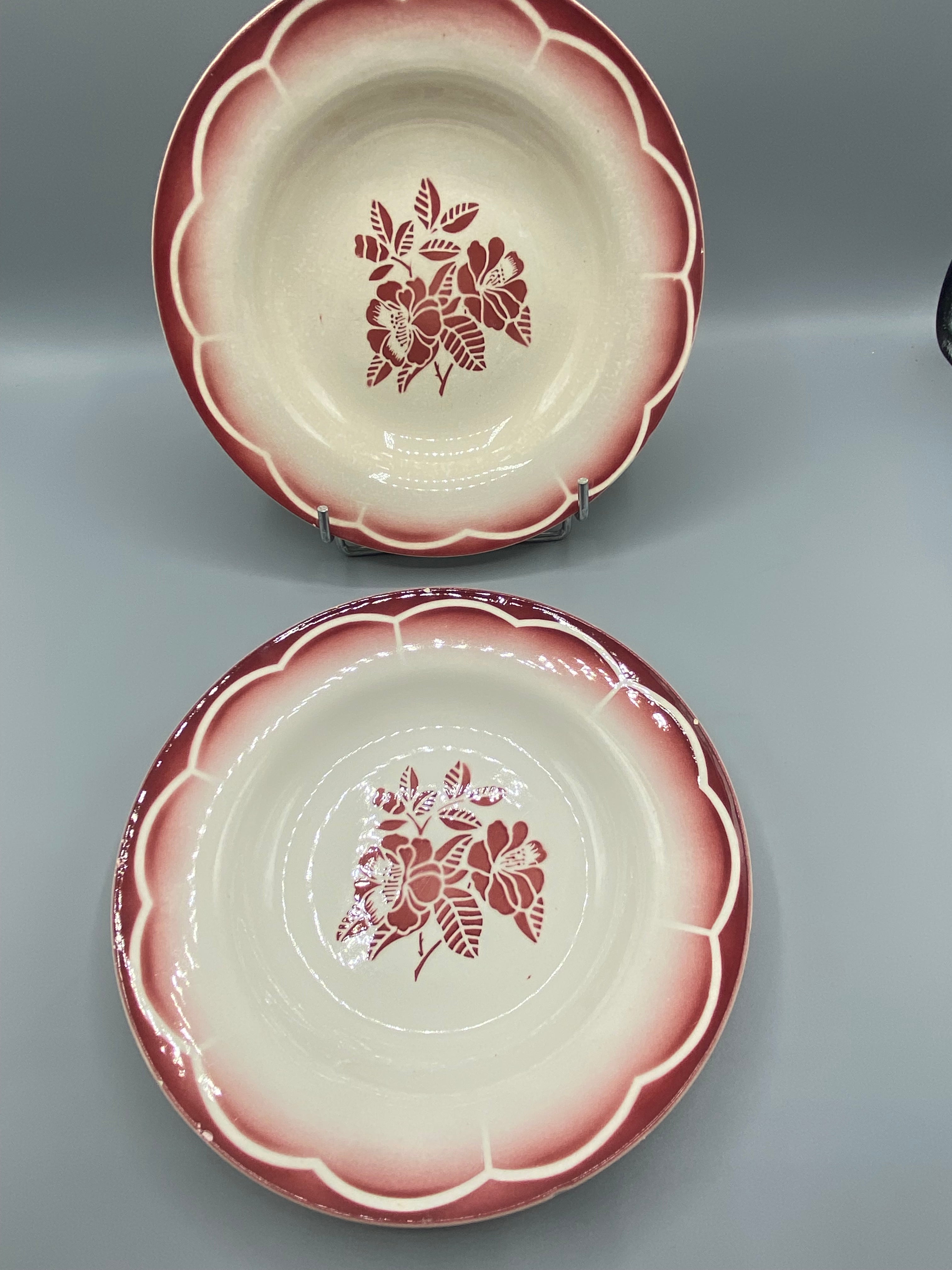 2 assiettes creuses Sarreguemines décor Varsac, vue de face, bordeaux et vieux rose en dégradé