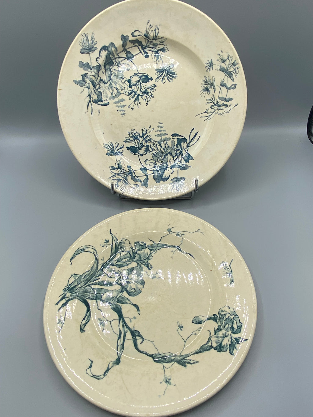 2 assiettes faïencerie de Gien japonisme, décors floraux bleus différents, fond ivoire craquellé, vue d'ensemble