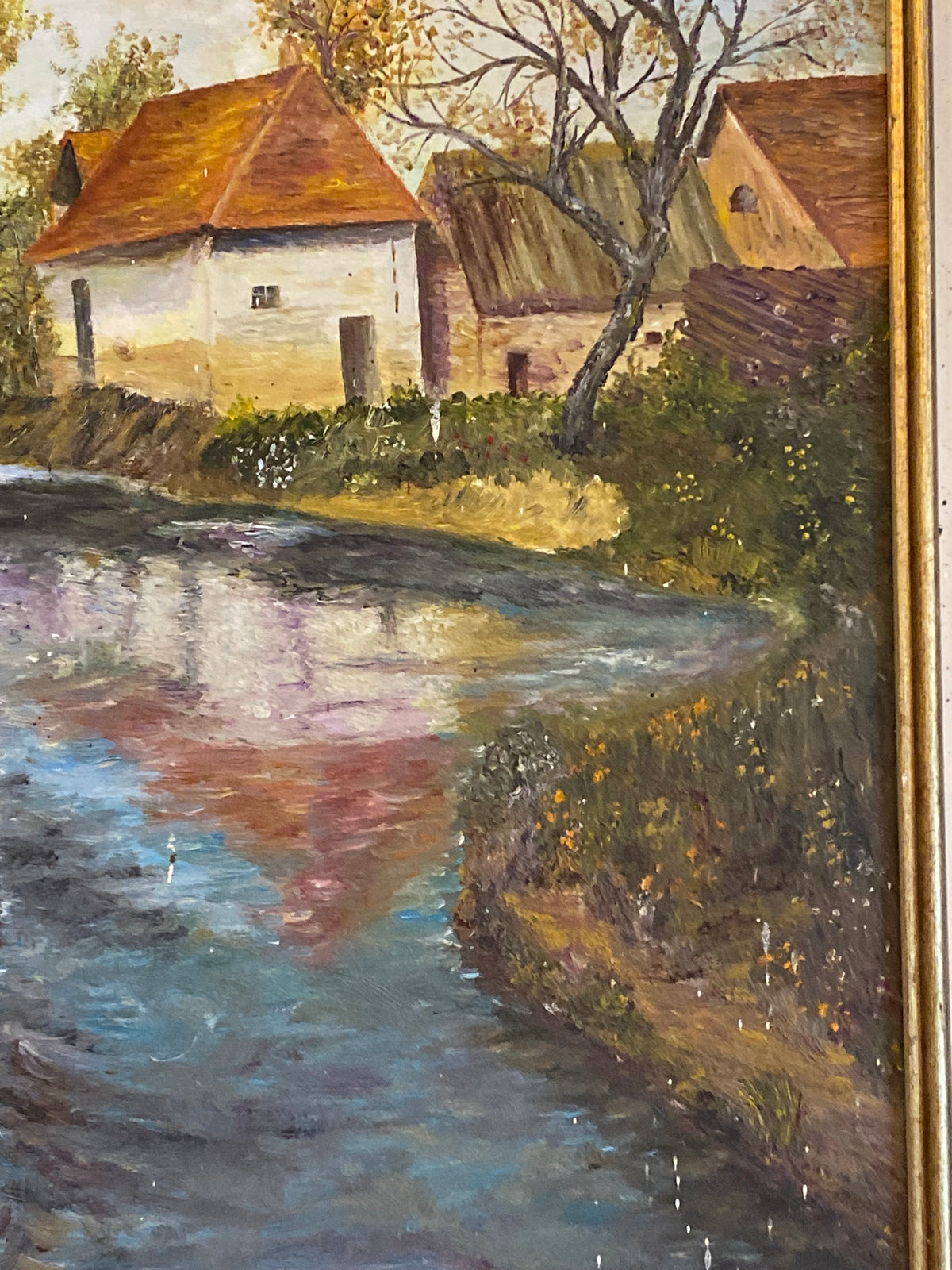 Vue d'ensemble tableau Hasse dans son cadre doré mouluré, paysage au bord de l'eau