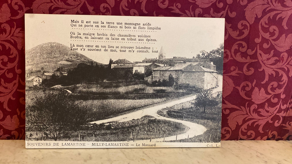Grand panneau ancien Souvenirs de Lamartine, Milly-Lamartine Le Monsard, vue du village et du Monsard, vers début XXe siècle