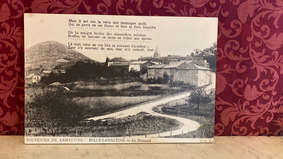 Grand panneau ancien Souvenirs de Lamartine, Milly-Lamartine Le Monsard, vue du village et du Monsard, vers début XXe siècle