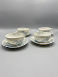 4 tasses et soucoupes porcelaine japonaise Meiji – vue d'ensemble, paysage bleu et blanc