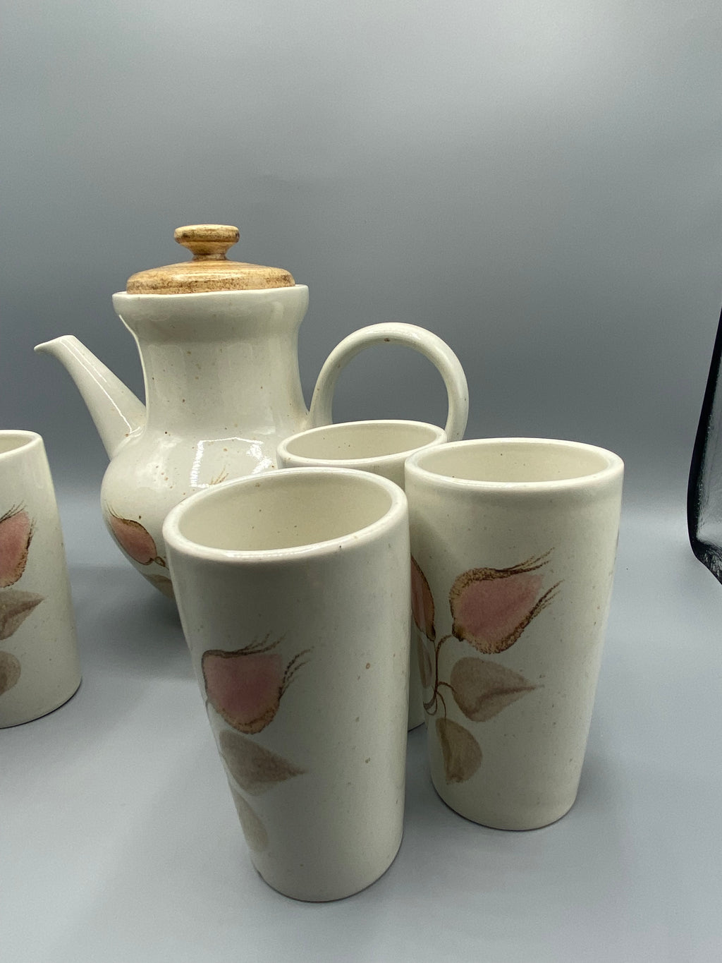 Service à café en grès Salins France – cafetière et 6 gobelets – décor floral rose