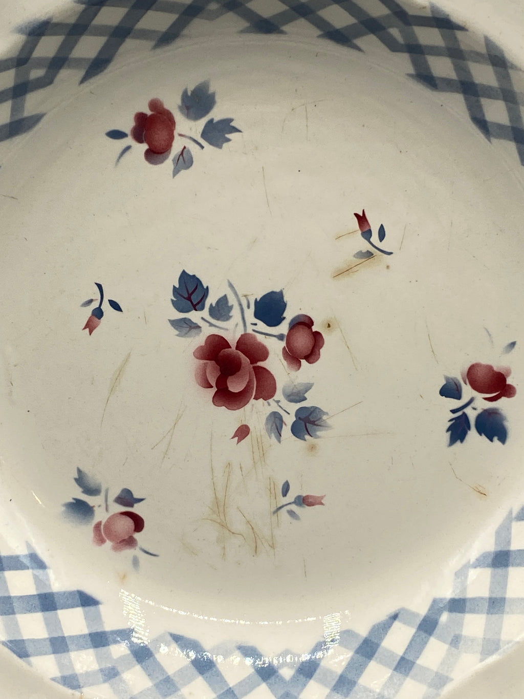 Plat creux Digoin Sarreguemines Bastia – détail décor roses bordeaux