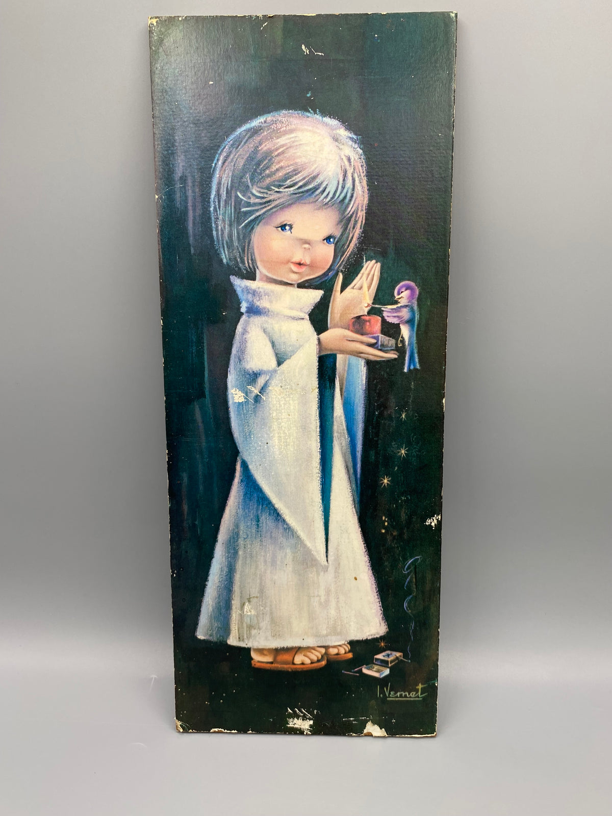Panneau décoratif vintage I. Vernet – Enfant à la bougie, vue générale
