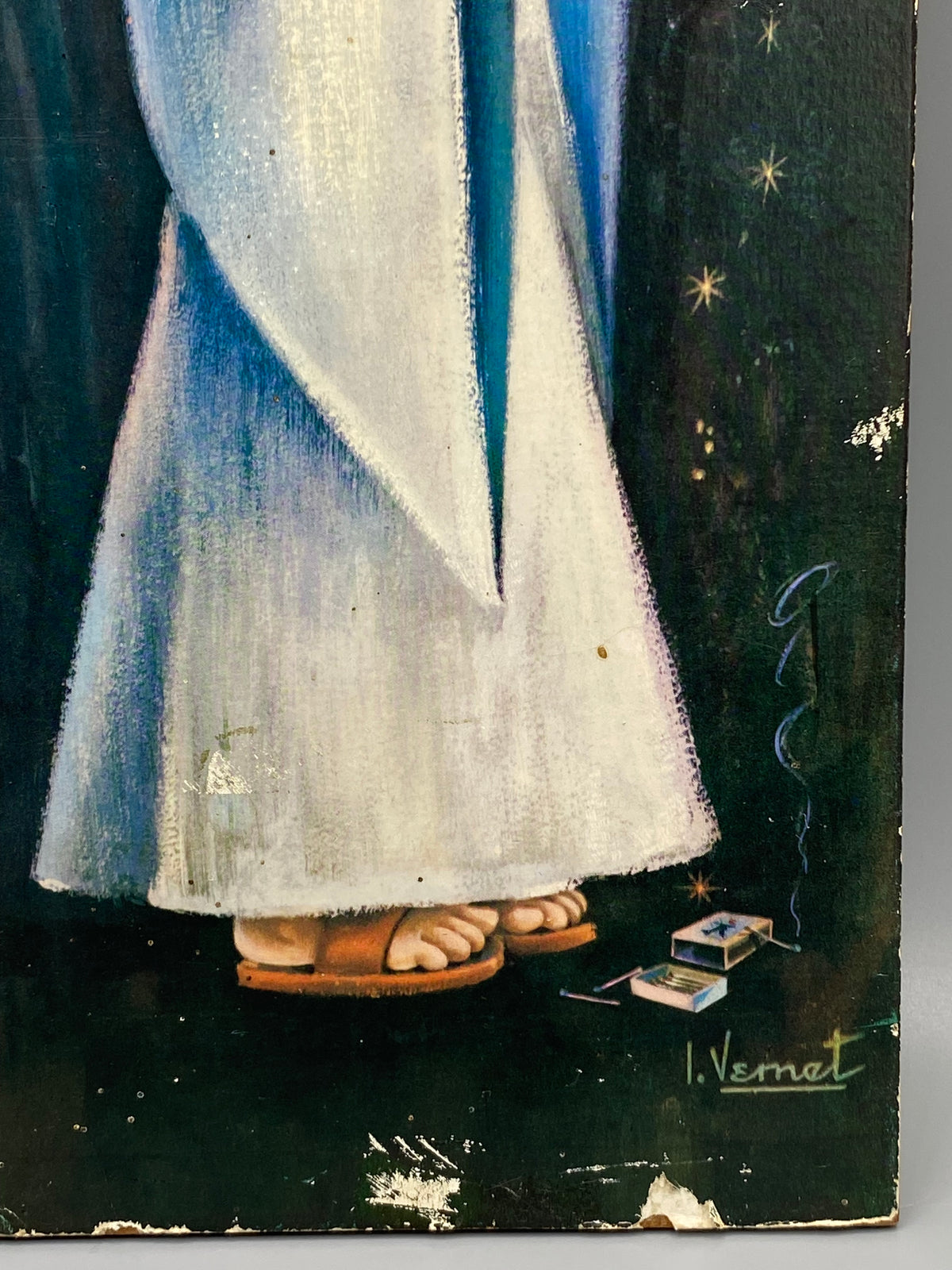 Panneau décoratif vintage I. Vernet – Détail bas, boîte d'allumettes et signature