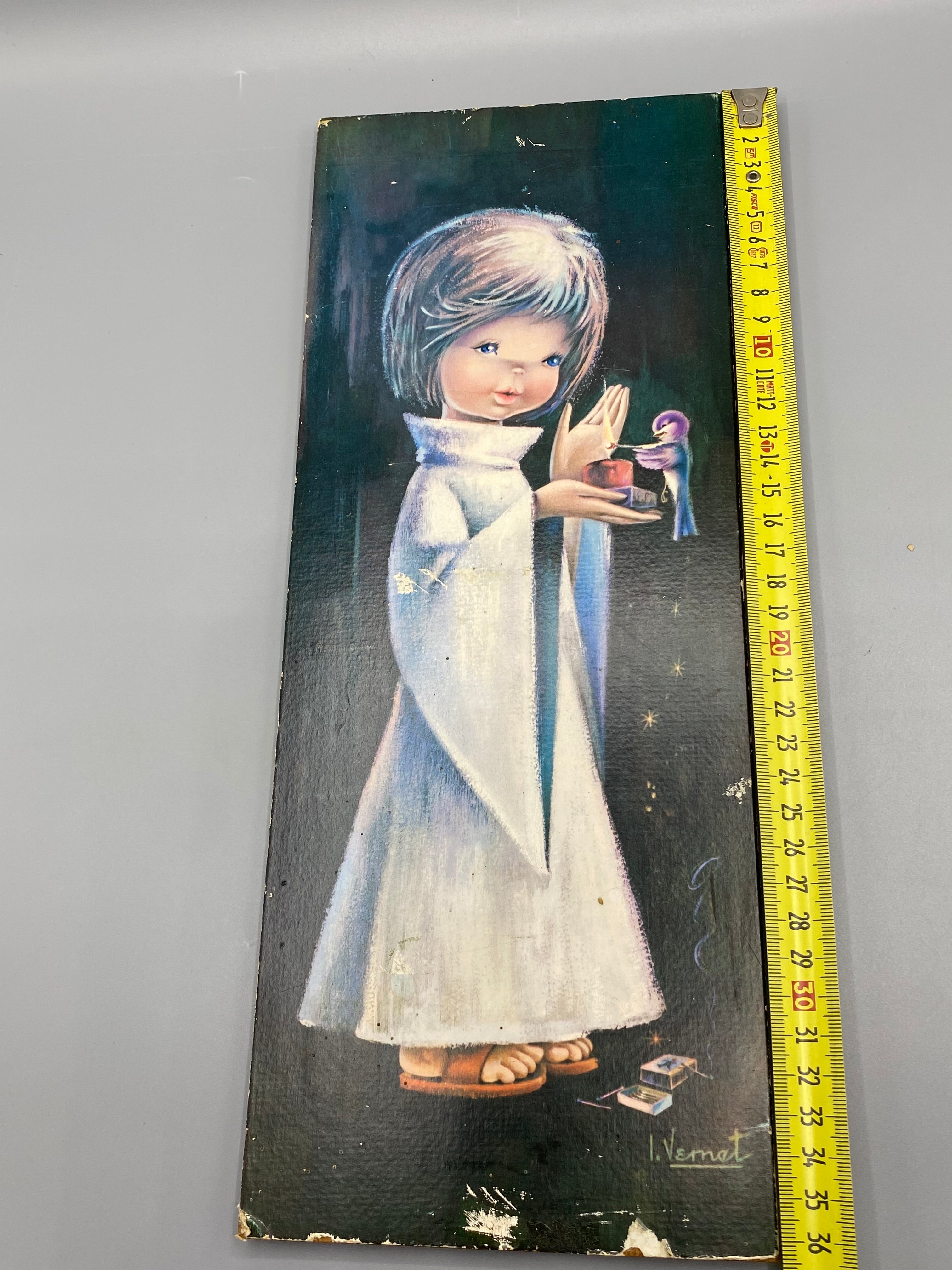 Panneau décoratif vintage I. Vernet – Vue avec mètre, hauteur 35 cm