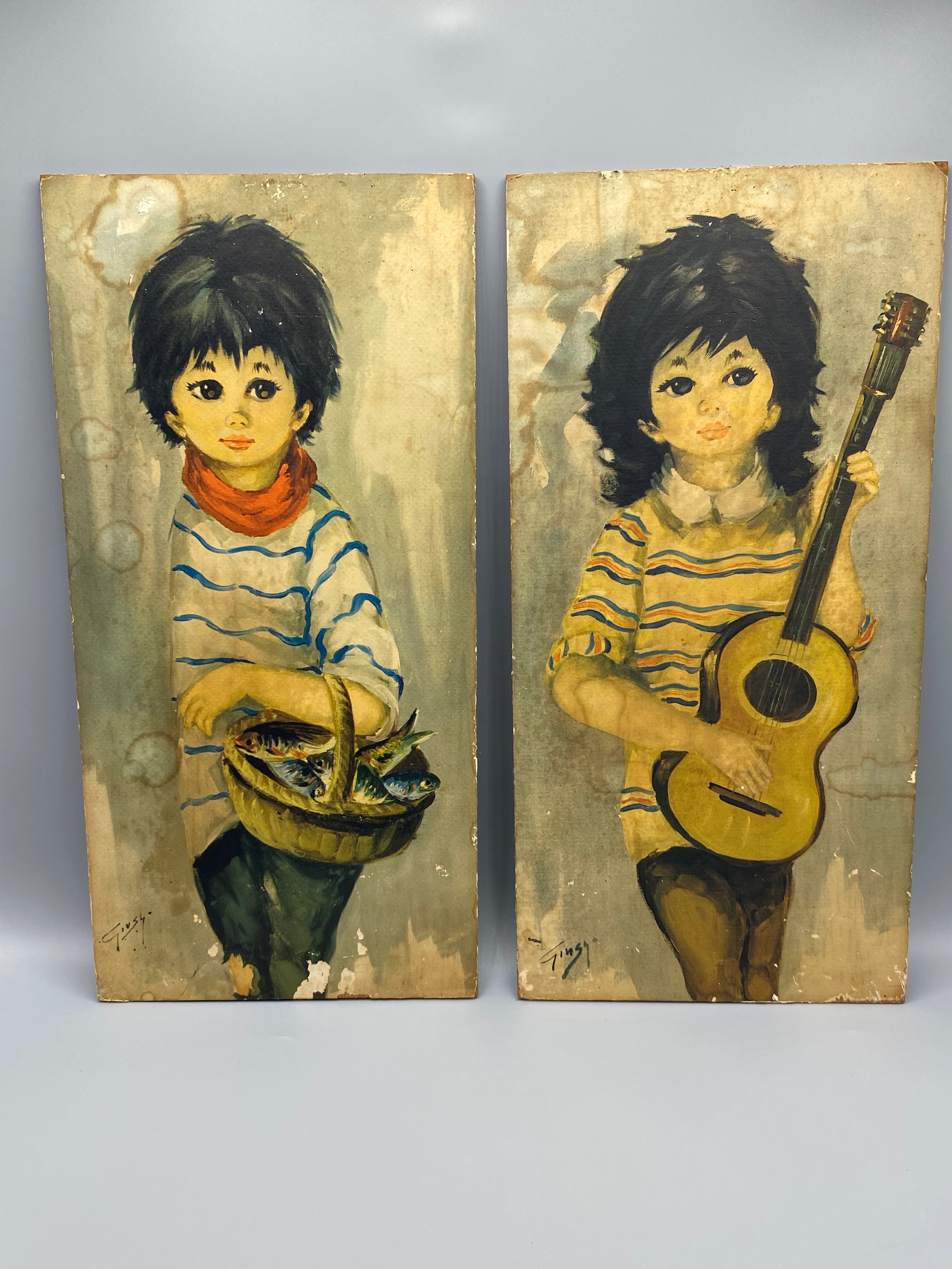 2 panneaux Ginsy – Vue d'ensemble, enfant à la guitare et enfant au panier