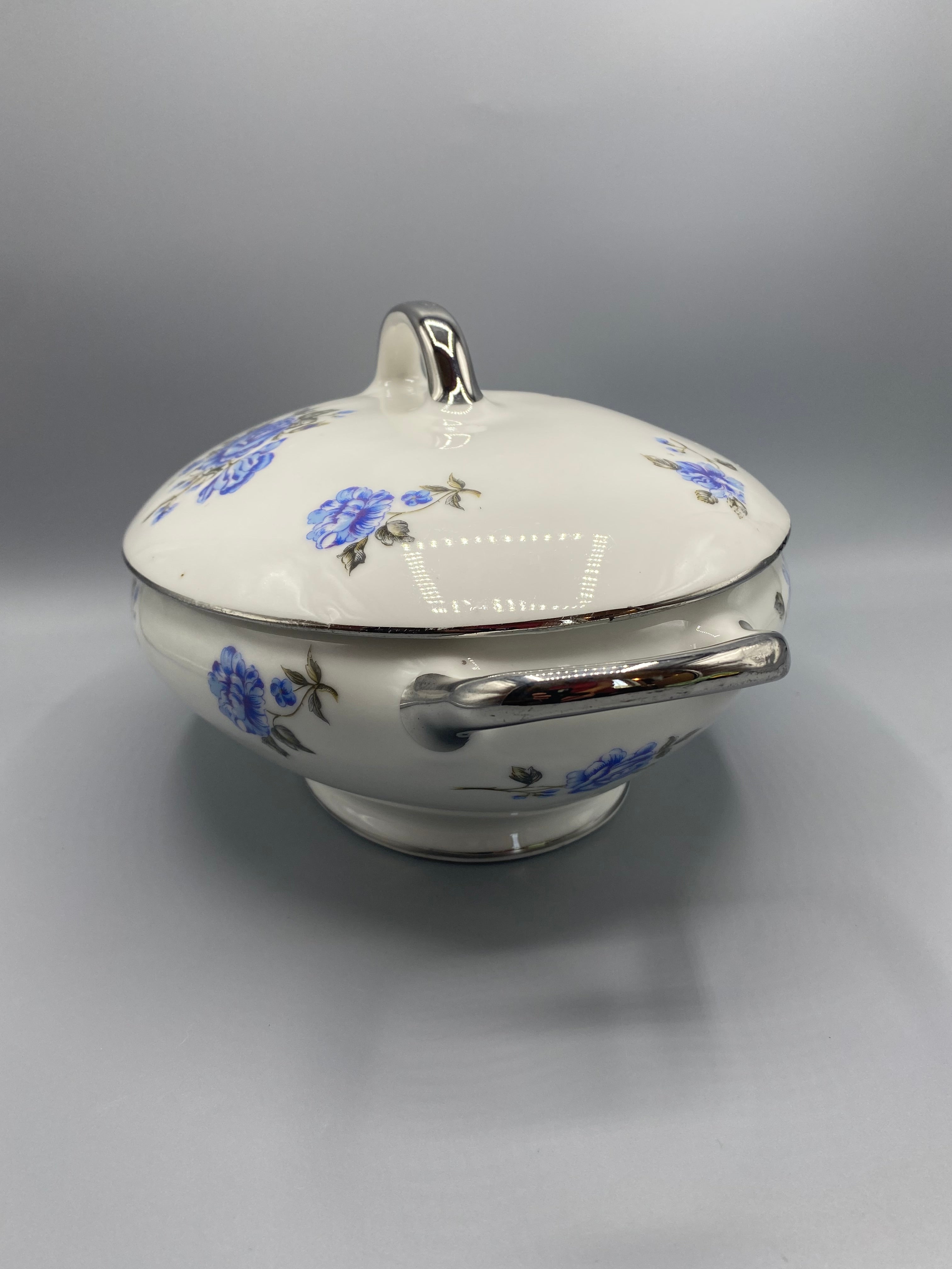 Légumier couvert porcelaine roses bleues MG Lorraine – Vue trois quarts, couvercle bombé et anses argentées