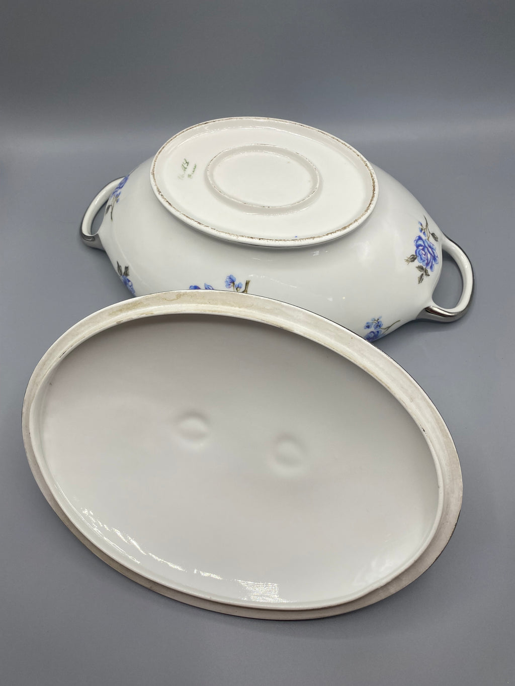 Légumier couvert porcelaine roses bleues MG Lorraine – Mesure longueur corps, environ 20-21 cm