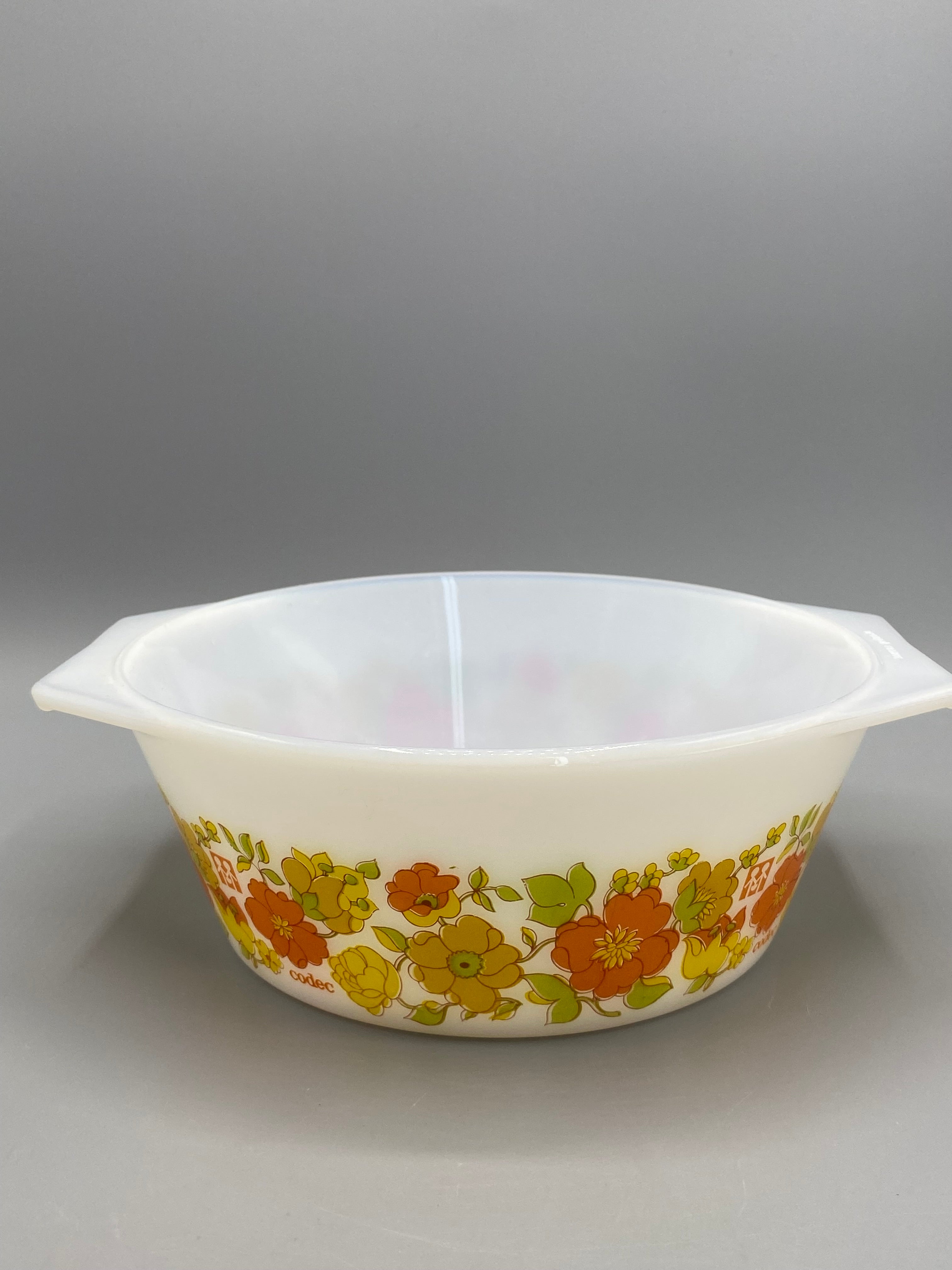 Saladier Codec verre opalin – vue de face, décor floral orange et jaune