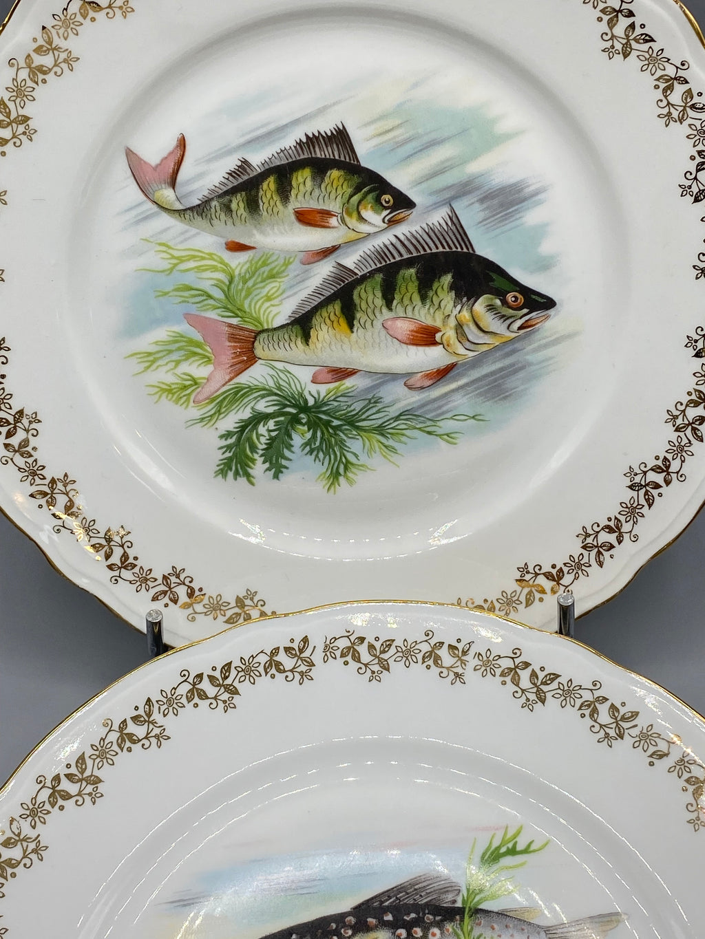 Ensemble de six assiettes à poisson en porcelaine française à bord doré