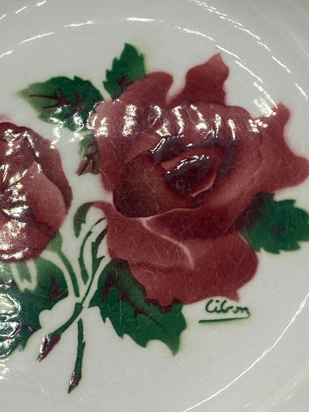 Détail du décor de roses rouges sur l'assiette