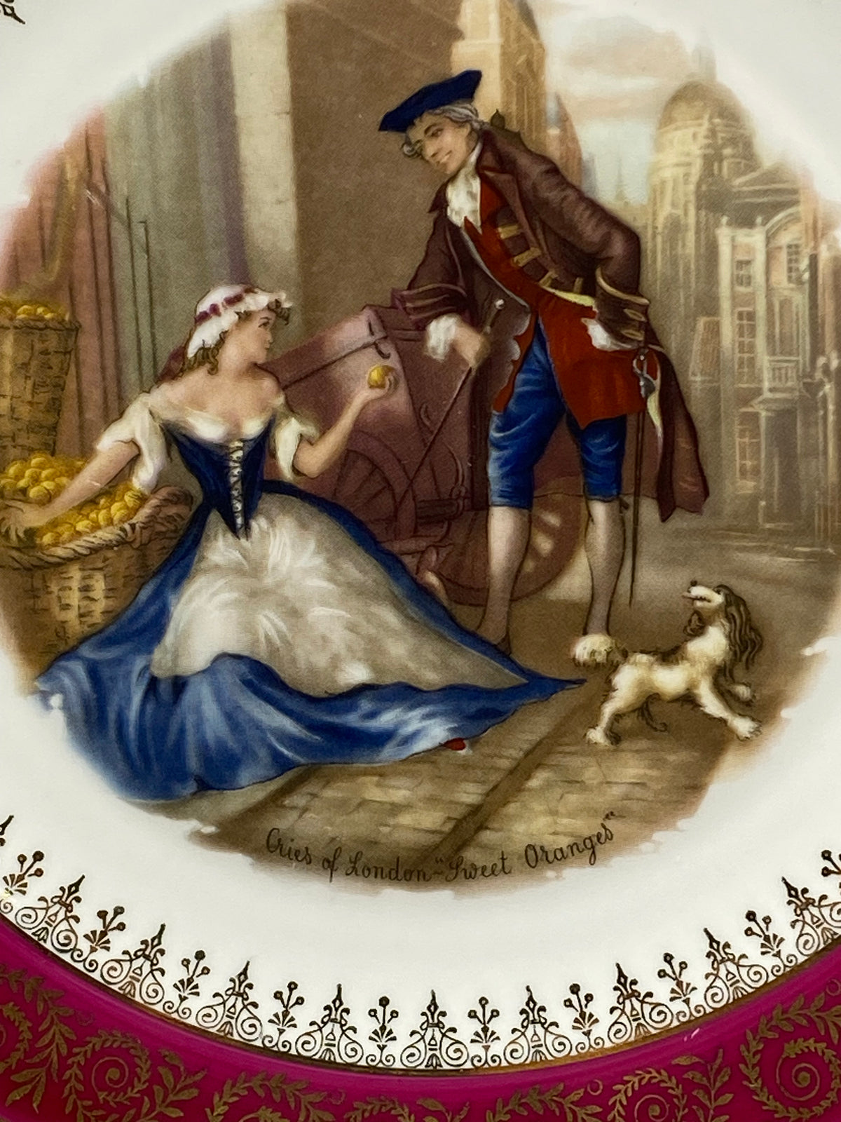 Scène de la marchande d’oranges avec un gentleman et un petit chien
