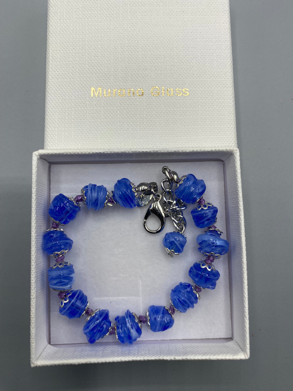Bracelet en verre de Murano bleu cobalt – Bijou vénitien – Neuf avec coffret d’origine