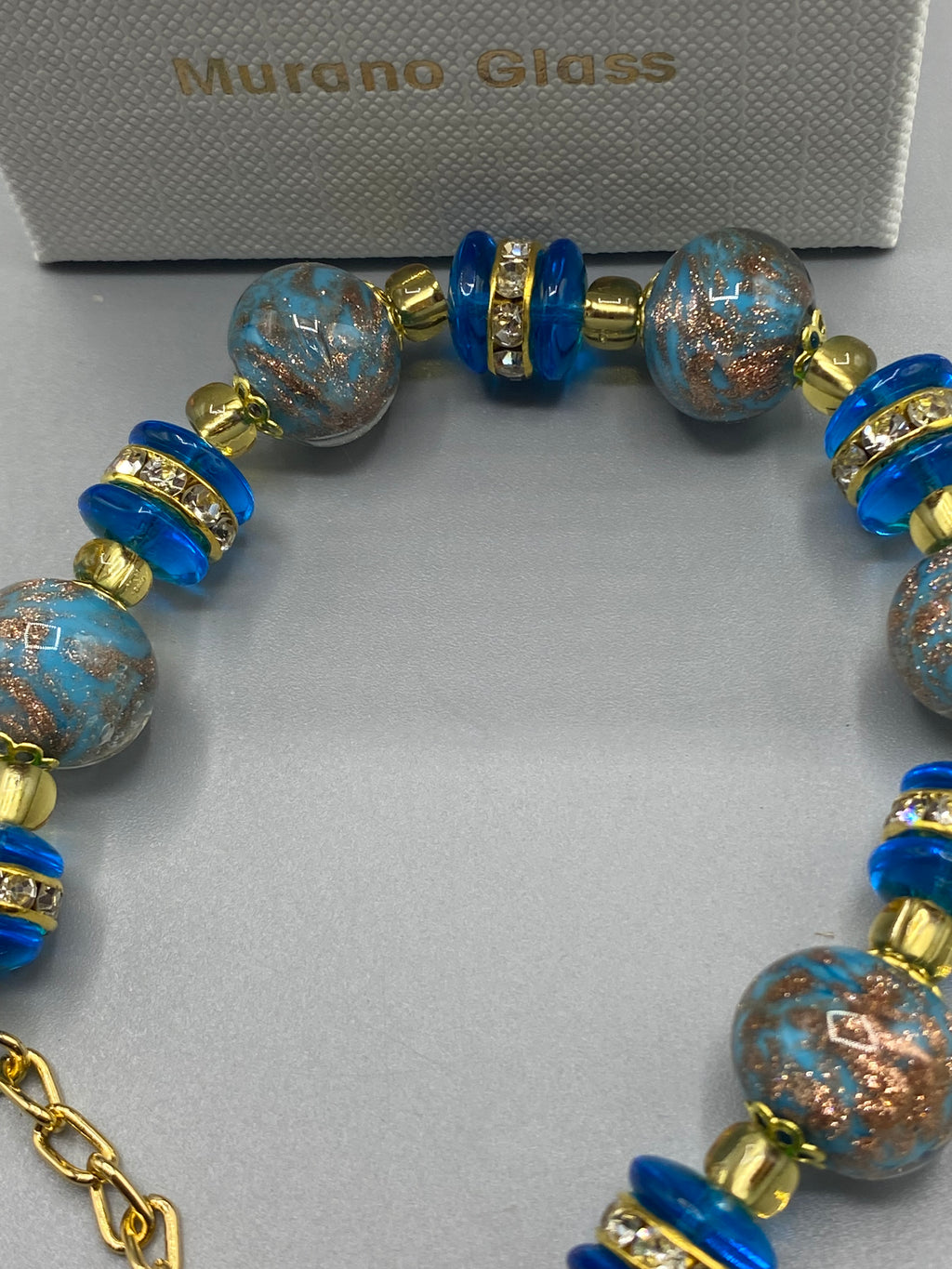Bracelet Raffinato Golden Sparkles Blue neuf dans son coffret Murano Glass