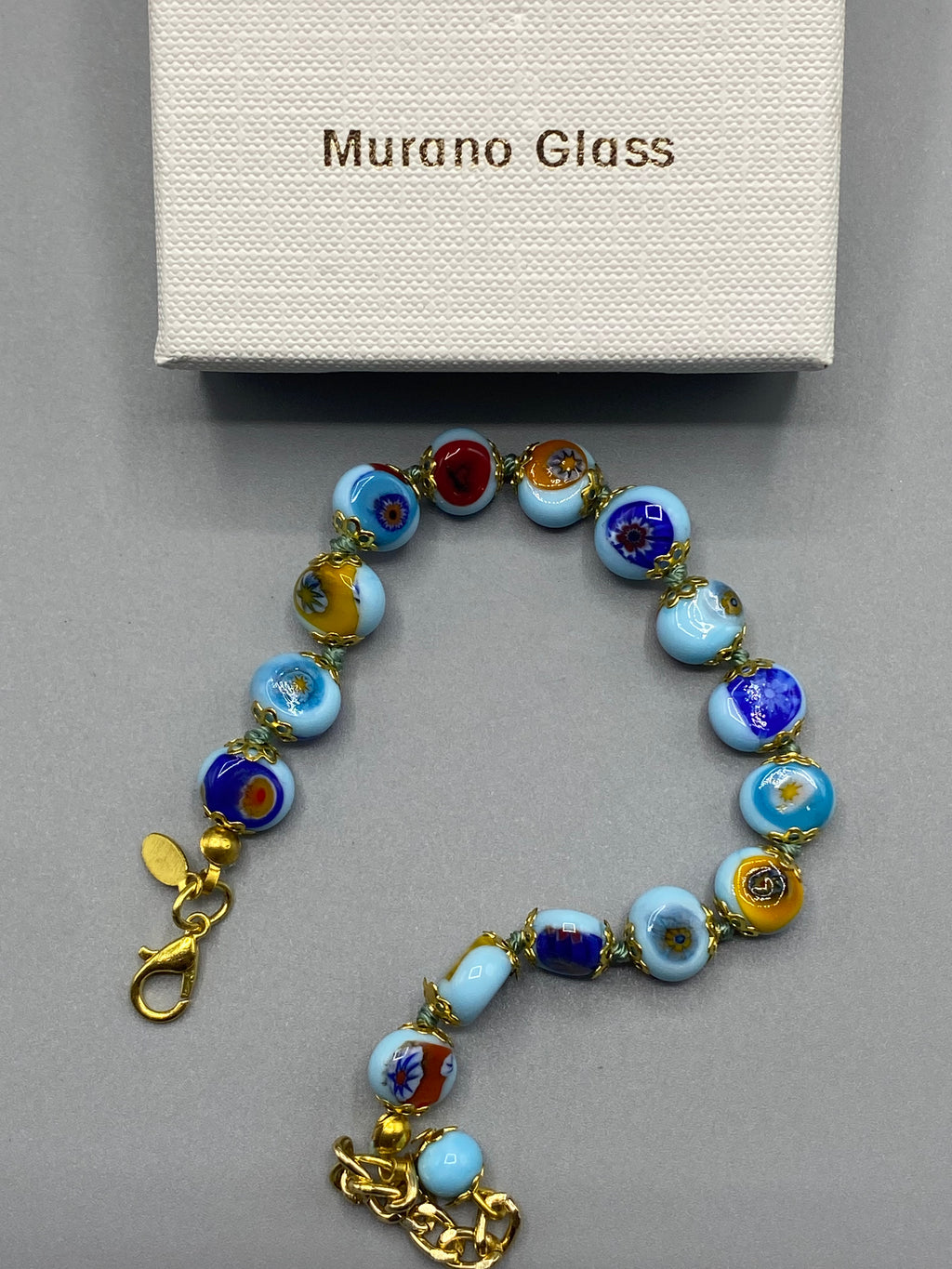 Bracelet Murano Mosaic millefiori bleu ciel, détail des perles