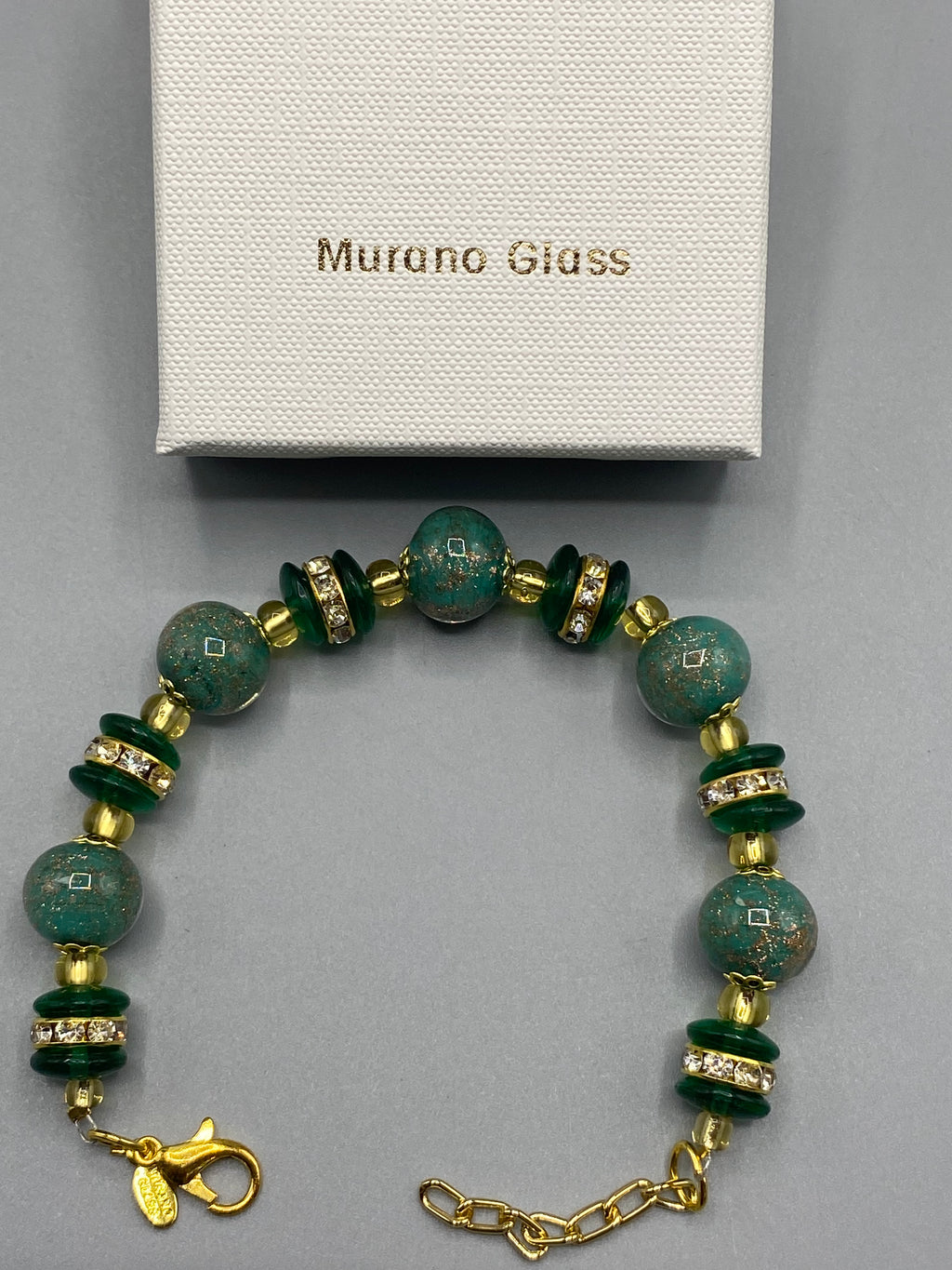 Bracelet Raffinato Golden Sparkles Green en verre de Murano dans son coffret
