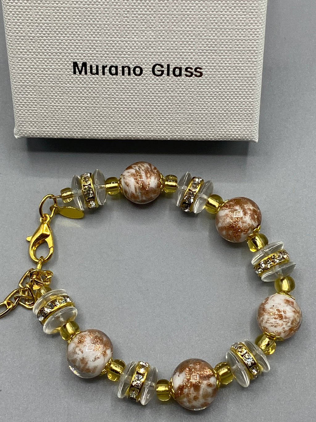 Bracelet Raffinato Golden Sparkles White en verre de Murano blanc et cuivre